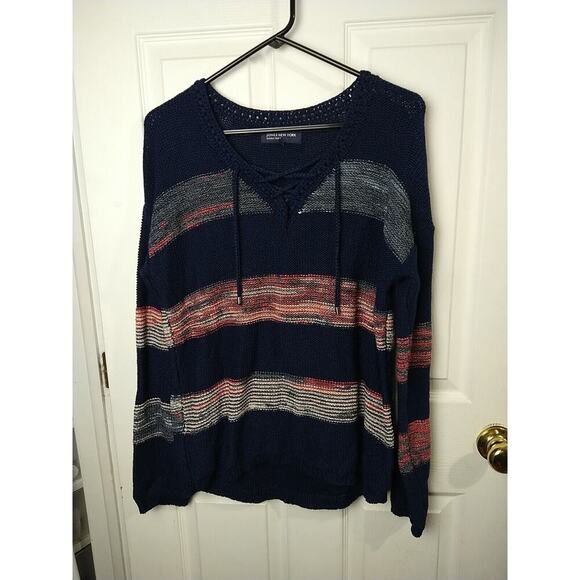 Jones New York Woman L Sweater V Neck Blue Red Striped V Neck Long Sleeve... - Picture 1 of 9